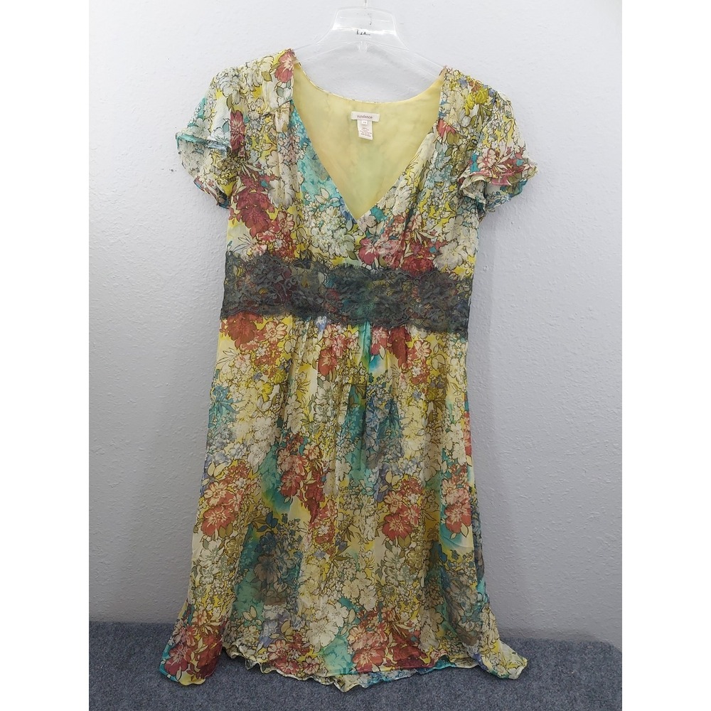 Sundance Dress Womens 14 Yellow Floral Lace 100% Silk Flutter Sleeve‎ V Neck